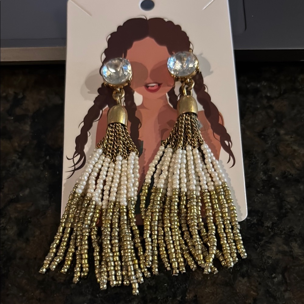 Elegant Gold and White Beaded Tassel Earrings